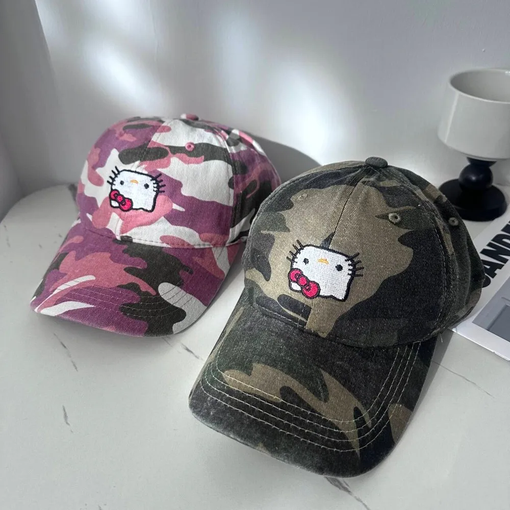 

New Sanrio Hello Kitty Camouflage Baseball Hat Kitty Couple Style Embroidered Baseball Cap Retro Baseball Cap Holiday Gift Toys