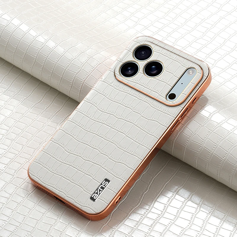 Retro Crocodile Pattern PU Leather Case For iPhone 17 Air 16 16e 15 14 13 12 11 Pro Max 16 Plus Plating Gold PC Frame Cover