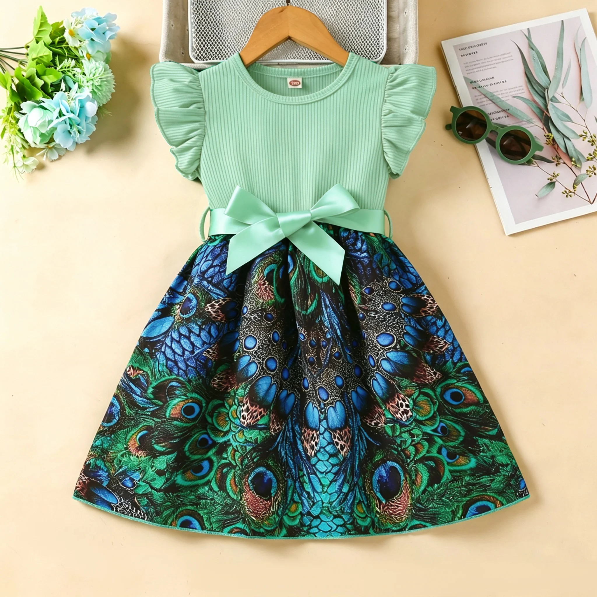 2-7 Year-old Girls'Dress Round neck Peacock Print Patchwork Dress+Belt Set girls' Summer Casual Dress Children's clothing