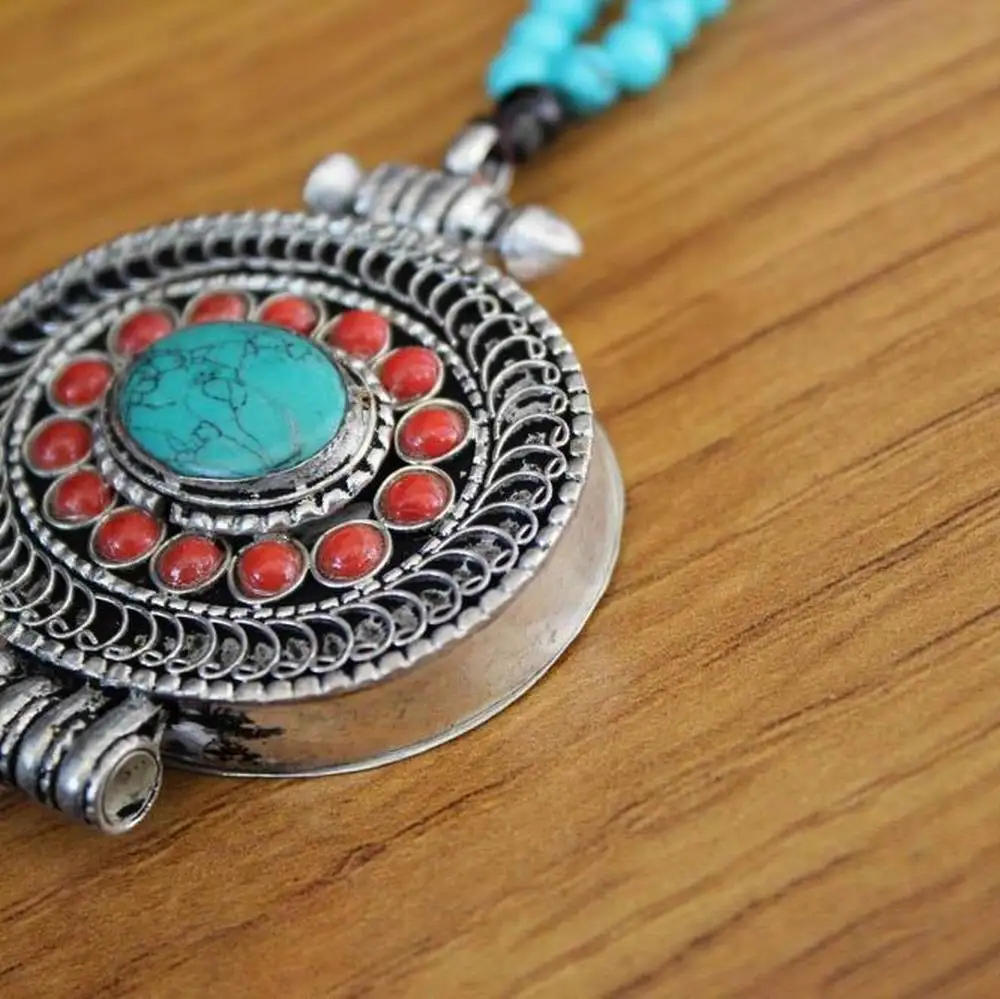 PN882 Tibetan Silver Inlaid Turquoises Coral Beads Filigree Handmade Prayer Box Gau Pendant Necklace