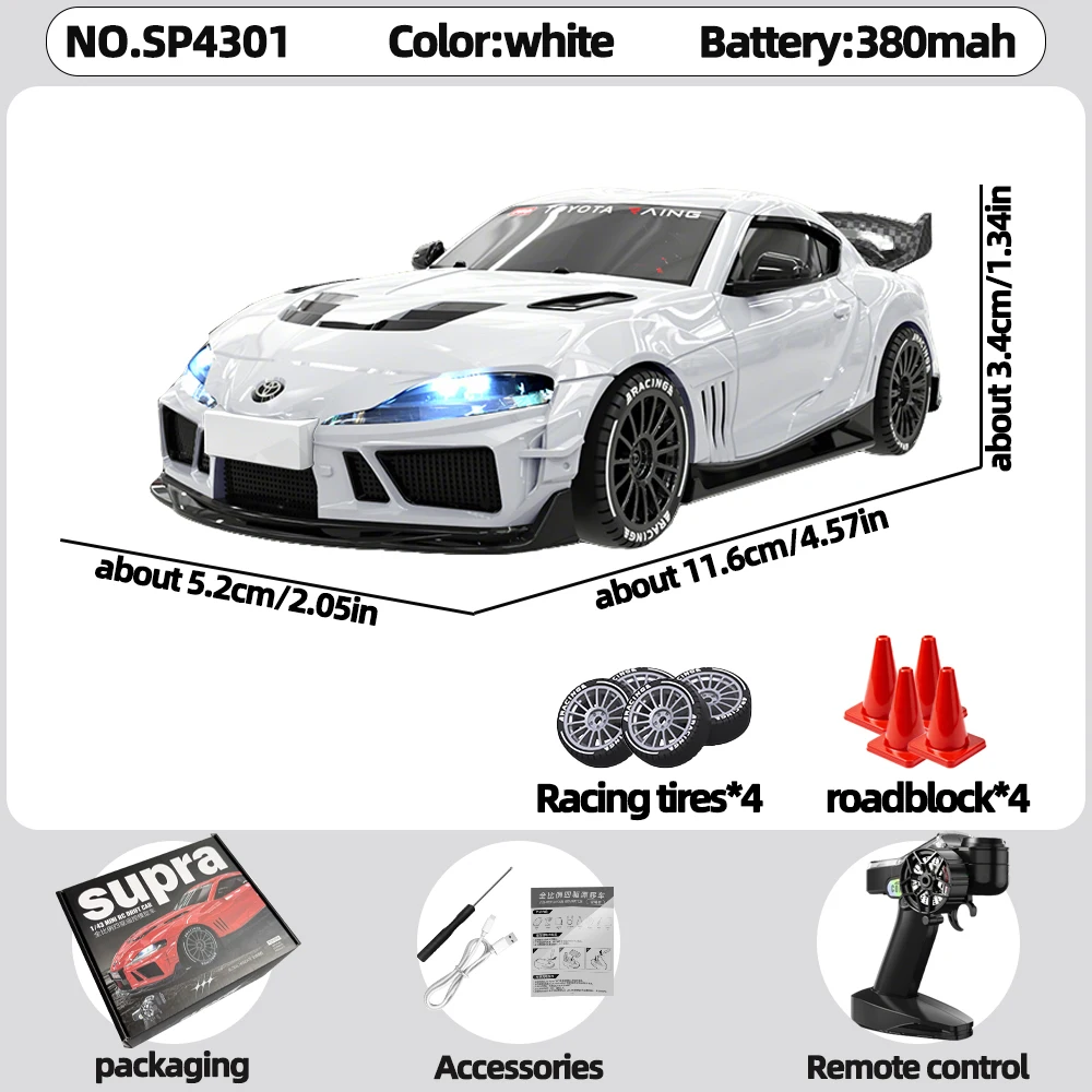 JXC 1087X Supra SP4301 1/43 Mini 4WD RC Drift Auto met ingebouwde gyroscoop, volledige schaalbesturing, raceauto met coole LED-verlichting, RC speelgoed cadeau