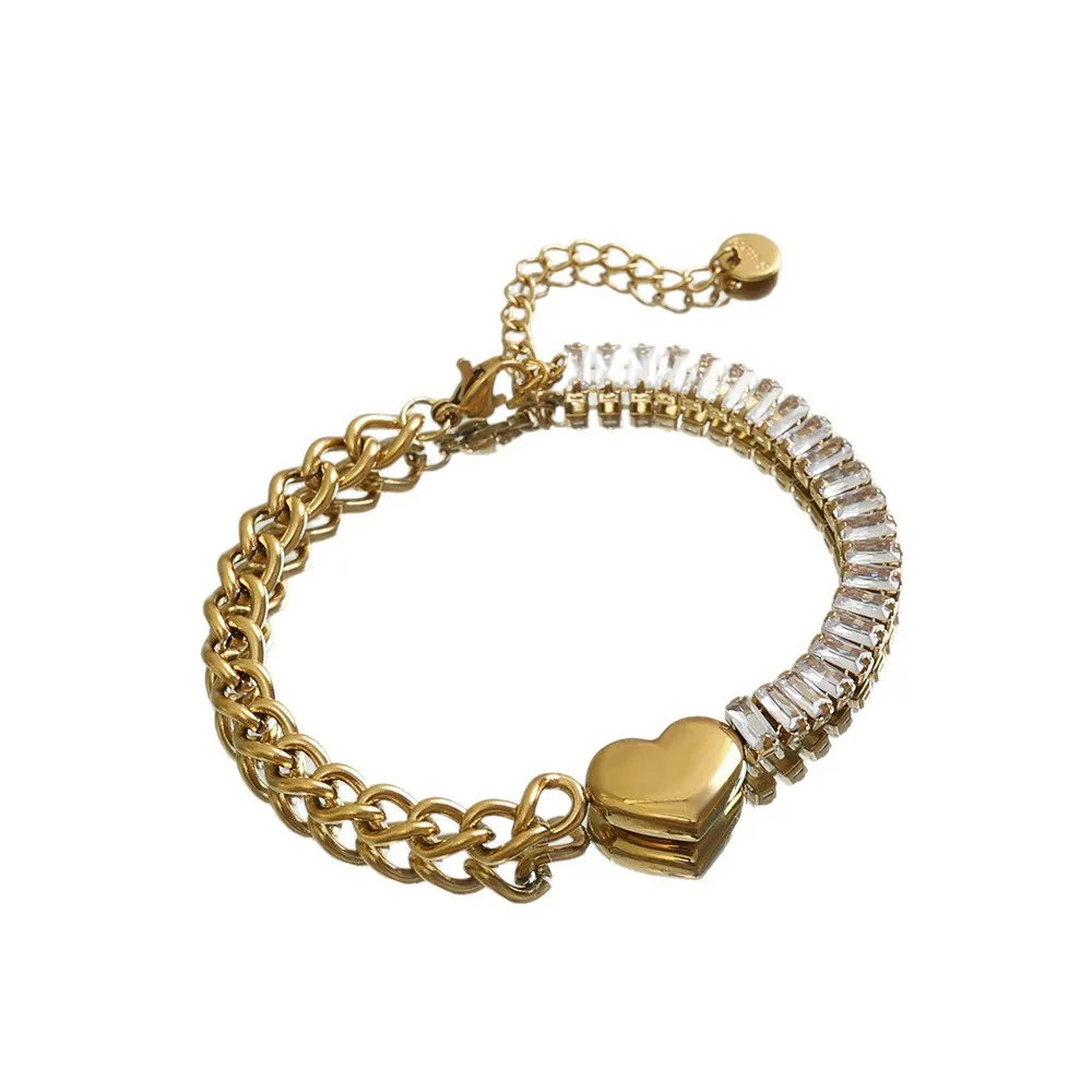 Conjunto de joyería de acero inoxidable Ins Trend, aros para las orejas de corazón dorado y plateado de dos tonos, cadena cubana circular, pulseras con dijes de corazón para mujer