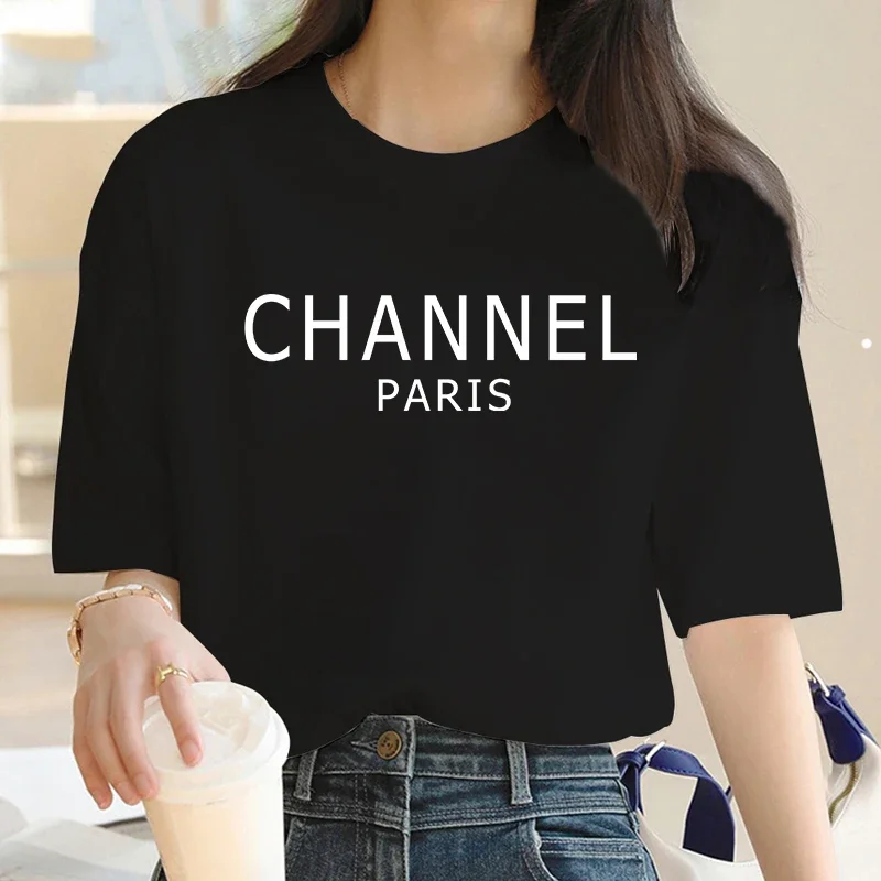 Luxury Brand Machine Washable Womens Casual Elegant Fashion CHANNEL Graphic T-shirt O-Neck Short Sleeve Top Women's Clothing image 2
