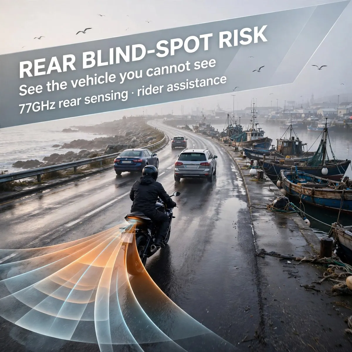 77GHz Motorcycle Blind Spot Monitoring Radar System with Dual LED Warning Indicators – Up to 70m Rear Detection, BSD 8.4m, LCA 5