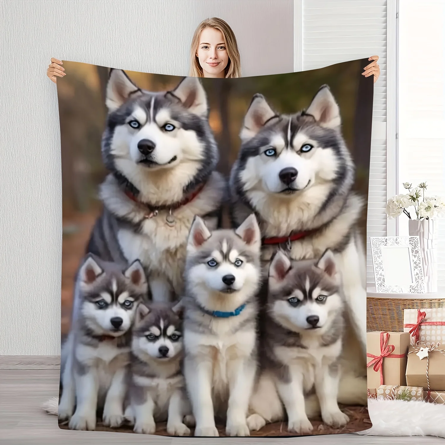 Cozy Husky Family Flannel Blanket – Soft & Warm Siberian Husky Print with Adorable Puppies, Perfect for Bedroom or Sofa Decor, A