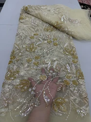 African Nigerian High-Quality Tulle Lace Fabric with Sequins Guipure Beads And Stone Embroidery for Dresses 5Yards JY419 2025