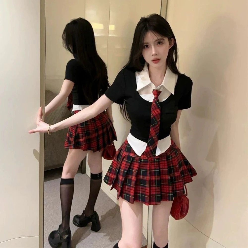 

2000S American Vintage 2 Piece Sets Sexy V Neck Patchwork Slim Short Sleeve Tops + Plaid Striped Mini Skrits Y2k Korean Fashion