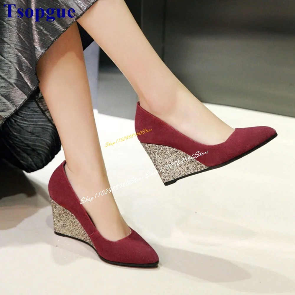 

Casual Red Flock Sparkling Pumps Glitter Wedges Heel Shoes For Women Slip On Pointed Toe 2024 Fashionable Zapatos Para Mujere