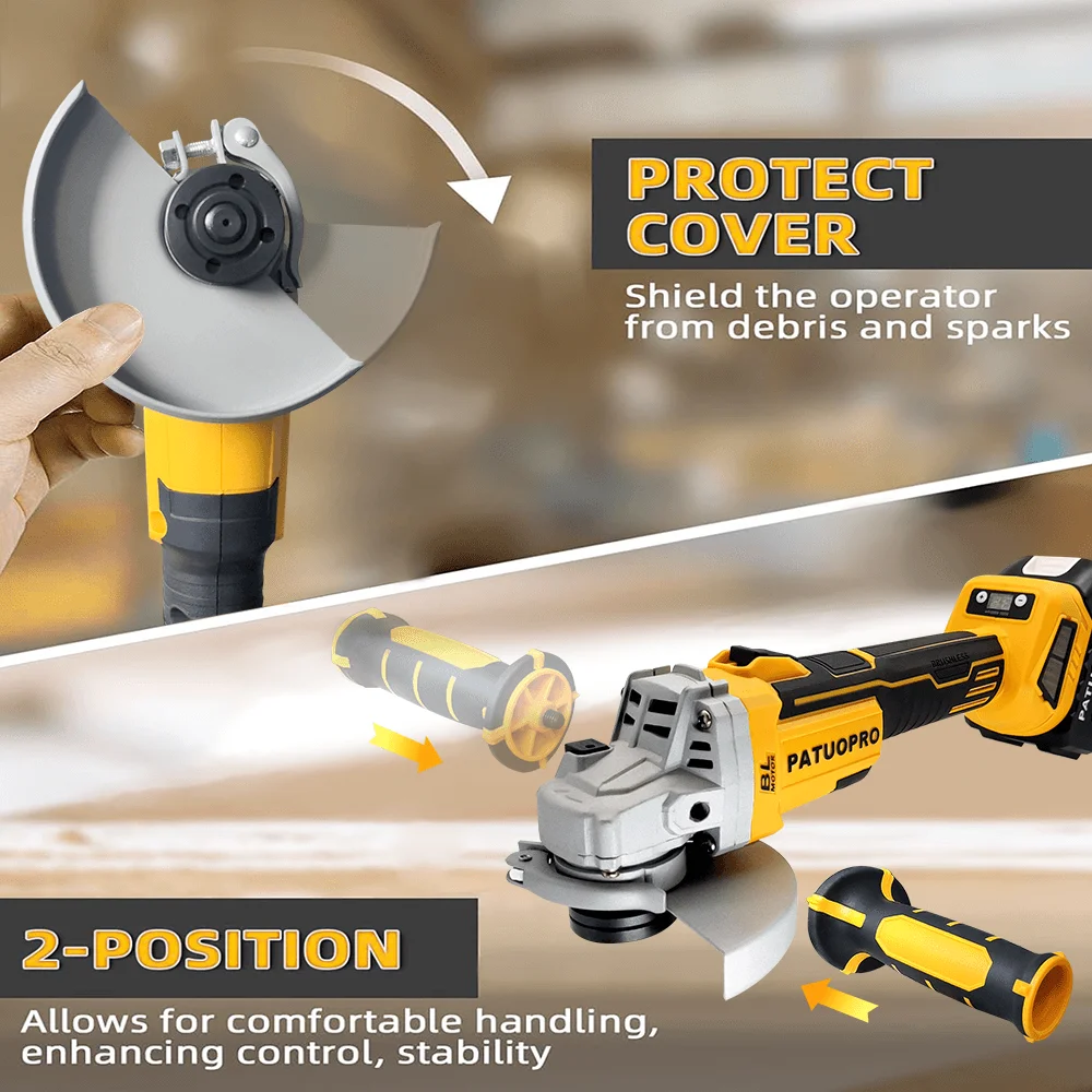 PATUOPRO 125MM Brushless Electric Angle Grinder Adjustable Speed Cutting Machine Handheld Home Power Tool Fit Makita 18V Battery