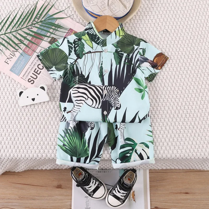 Children's shirt set, 0-4-year-old boys, full print short sleeved T-shirt shorts, 2-piece set, summer thin children's clothing