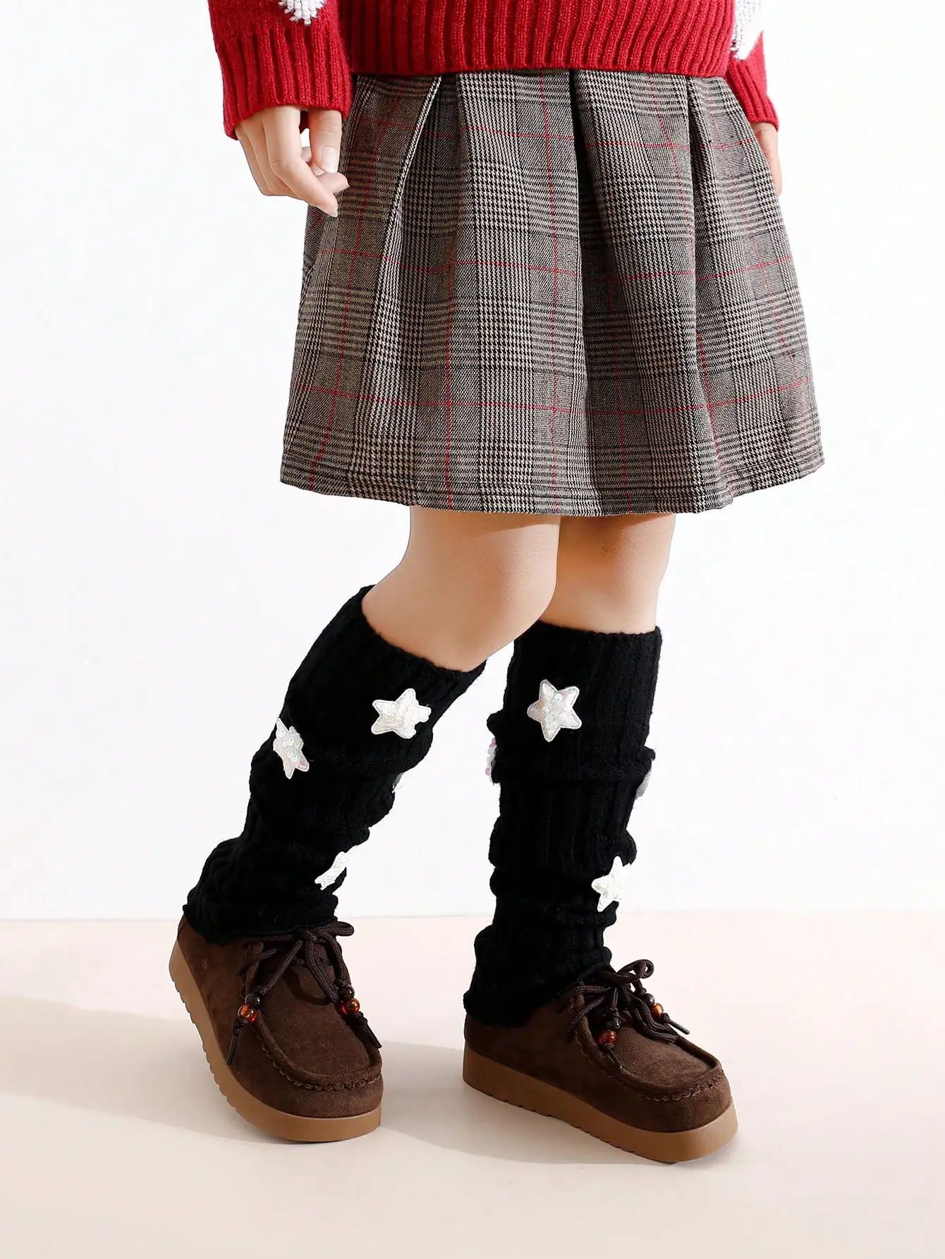4Pairs Girls Ribbed Knit Slouch Leg Warmers Sparkle Sequin Star Soft Stretch Calf Cuffs Daily School Skirt Matching Accessory