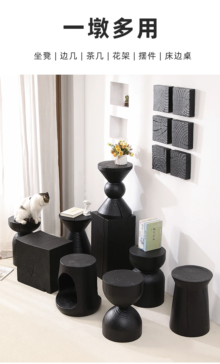 Wabi-Sabi Charred Wood Side Table Handcrafted Tree Stump Stool with Natural Texture Bedside Coffee Table for Home Decor