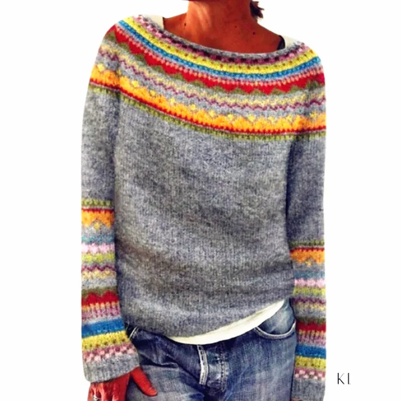 

Женский свитер с узором серии, свободный модный вязаный зимний теплый пуловер с круглым вырезом и длинными рукавами