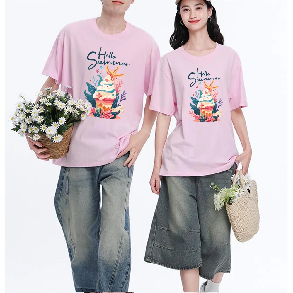 Hello Summer Ice Cream Starfish Coral Printed T Shirt Breathable Fabric S-XXL Personalized Custom Casual Short Sleeve Tee Aesthe