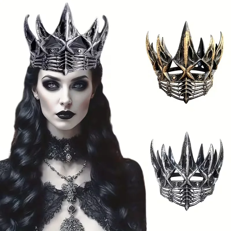 2PCS Sharp Spire Retro Pattern Gothic King Crown  Metal Plastic Headpiece for Medieval Dark King Themed Costume Decoration