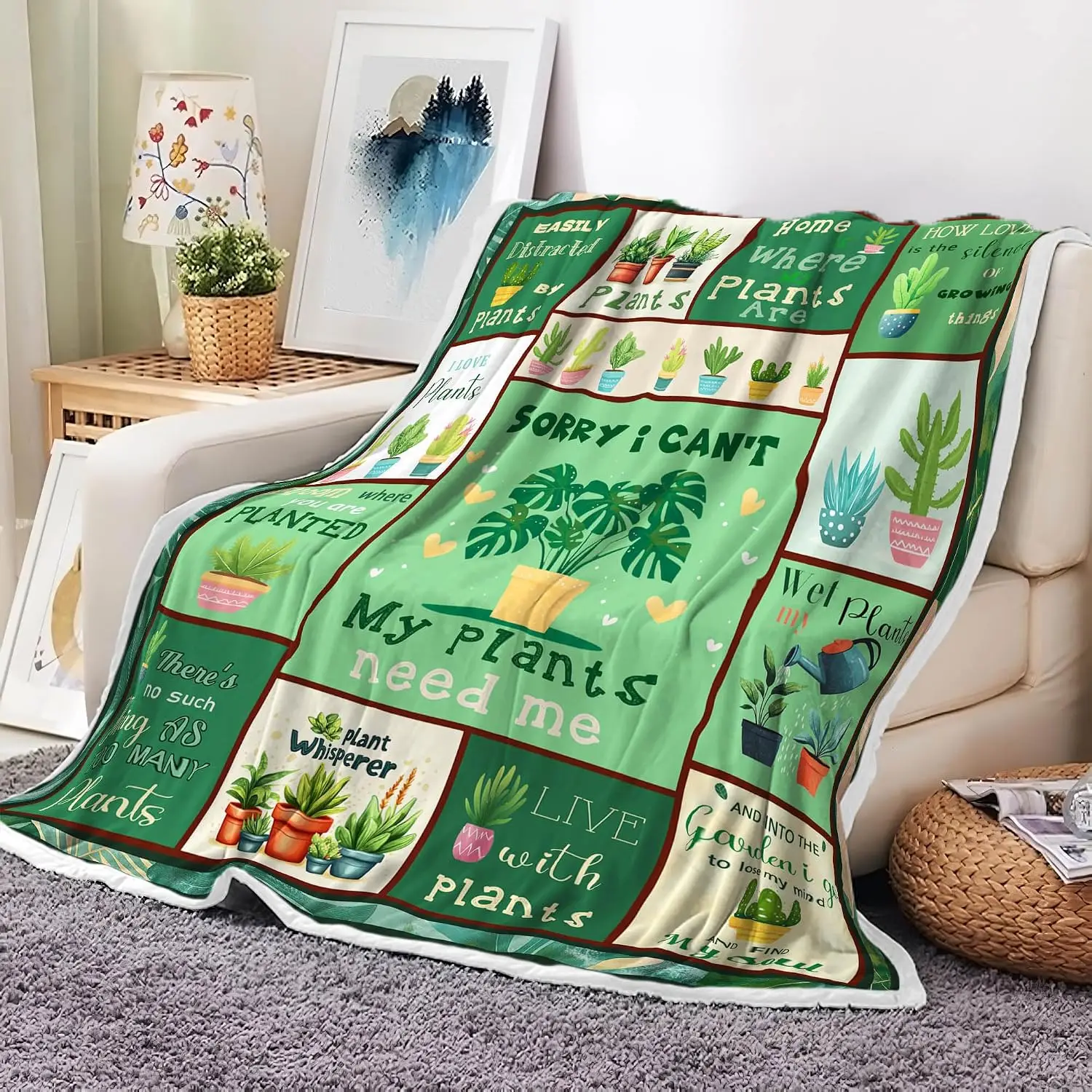 Plant Lover Quote Flannel Throw Blanket Potted Succulent Cactus Patchwork Print Soft Warm Blanket for Sofa Bedroom Gardener Gift