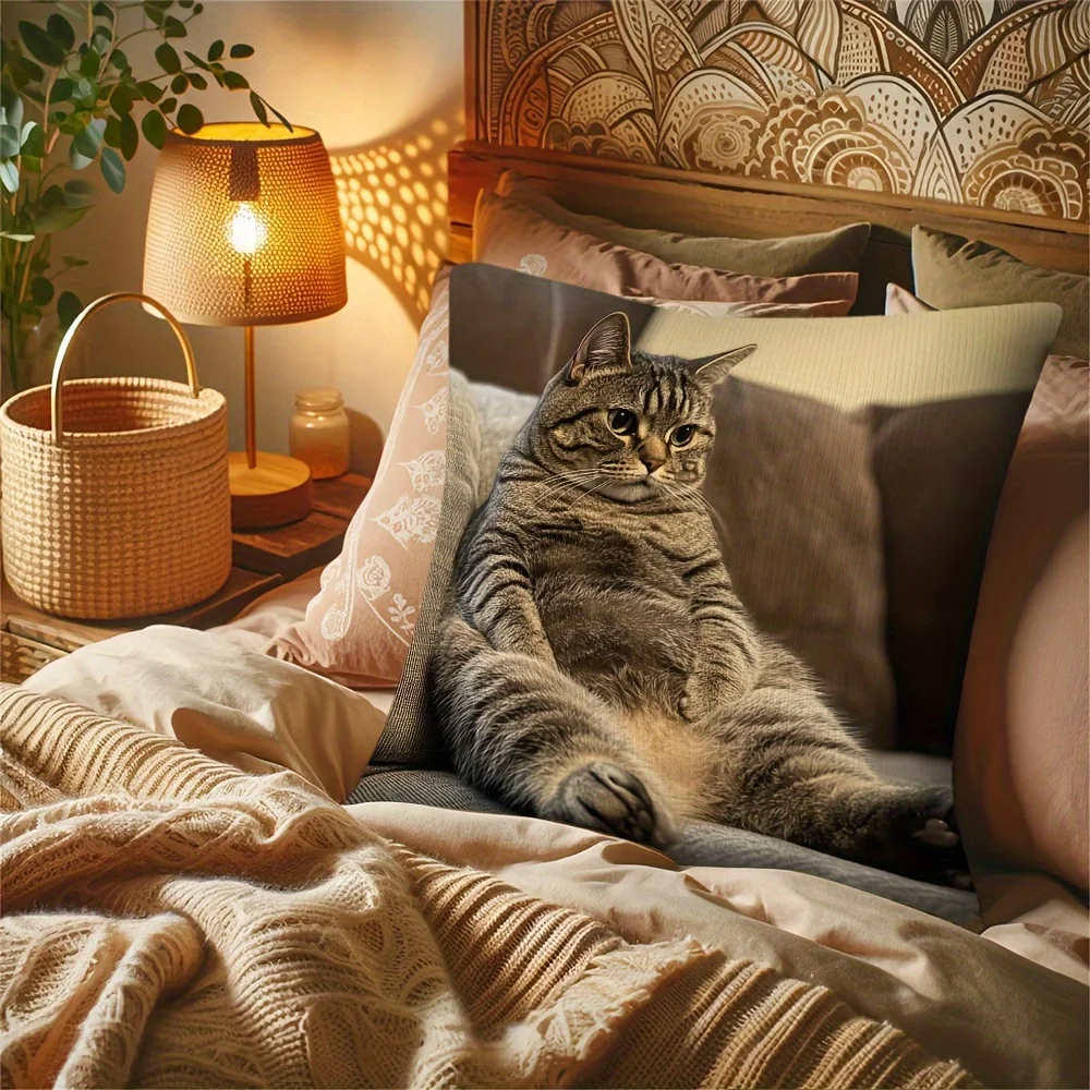 Funny Tabby Cat Pillow Case, Realistic Pet Cushion Cover, Humorous Animal Decor for Sofa Bedroom Living Room Gift