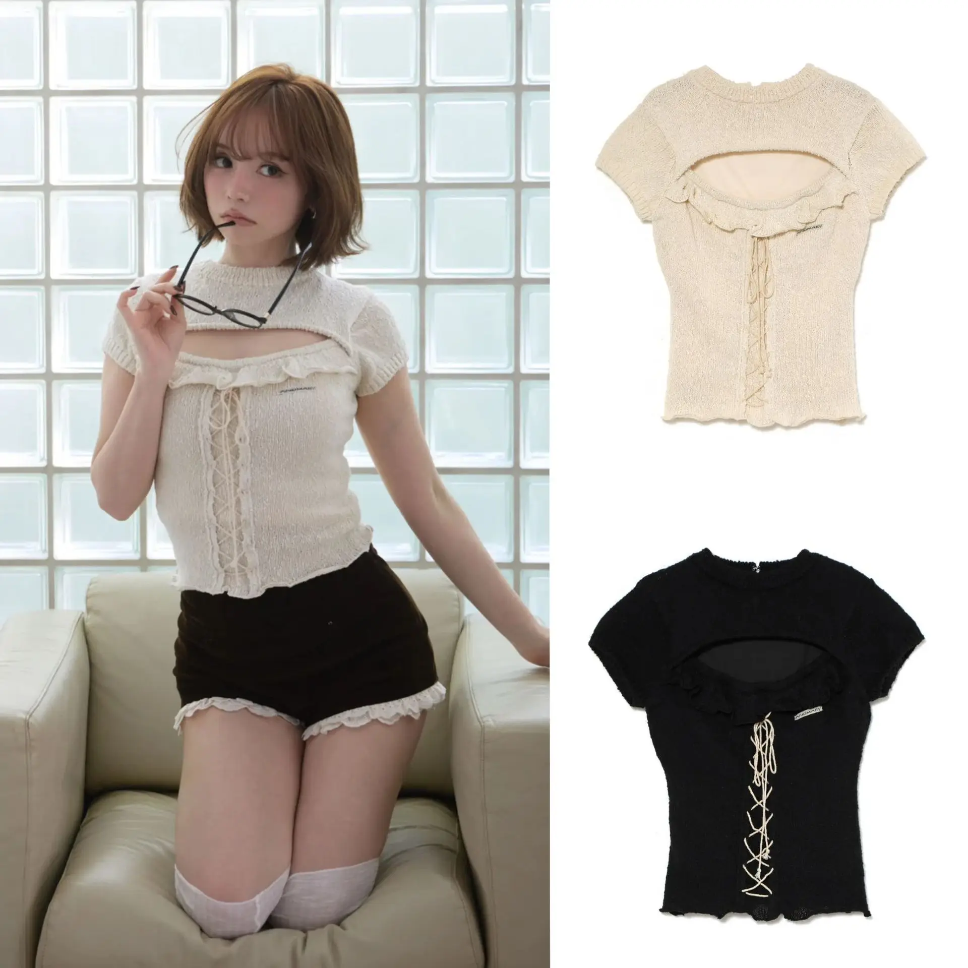 2026 Spring Summer New Top Sweet Hollow Straps Slim  Thin Fungus Edge Short-sleeved Short Knitted Sweater Daily Commuter Jumper