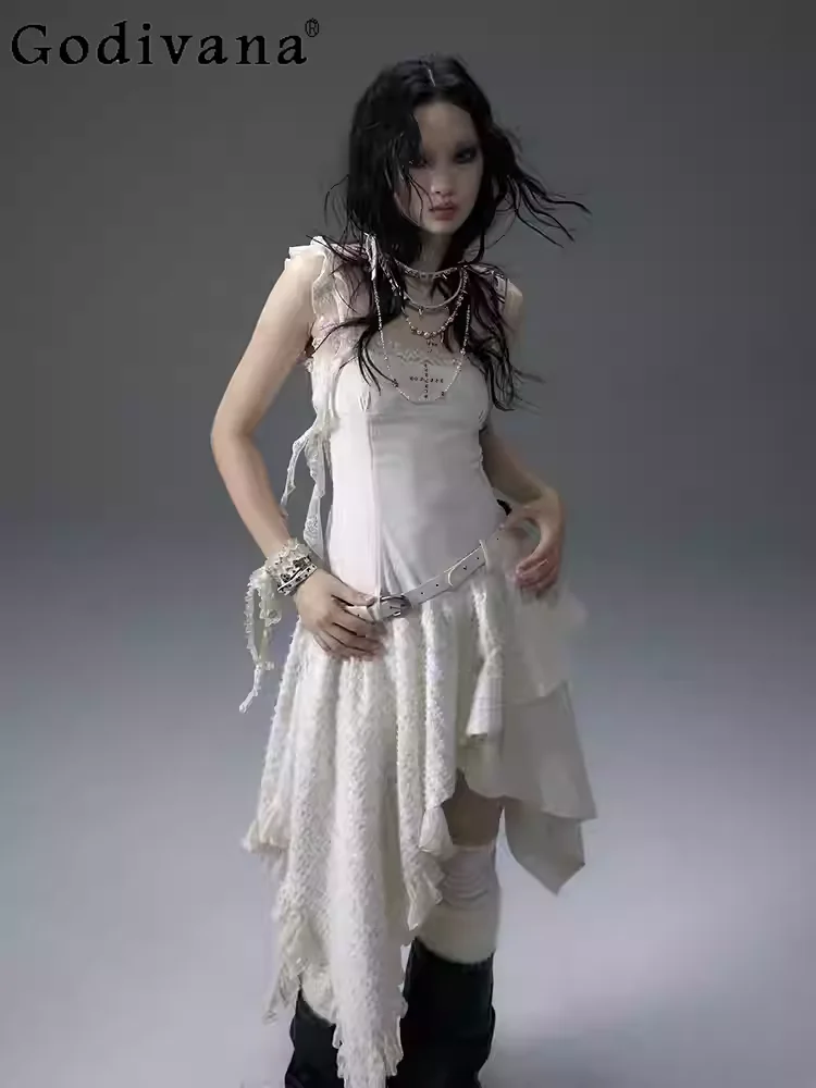 

Spring Summer Retro Court Dark Punk Irregular Velvet Splicing Suspender Dress Girl Fashion High Waist A-line Slash Neck Dresses