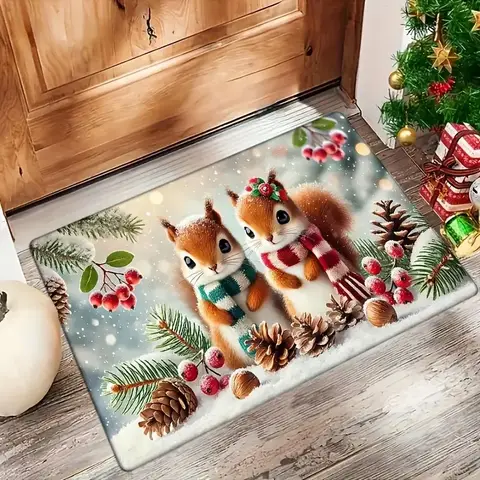 Christmas Squirrel Welcome Mat Non Slip Floor Carpet Bedroom Kitchen Door Mat Indoor and Outdoor Carpet Home Decoration Carpet