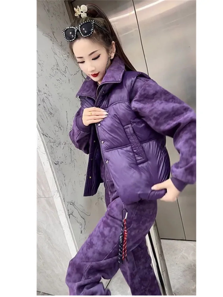 Add Fleece Thickened Fashion Hoodie Vest Suit Women 2025 Winter Loose Large Size Temperament Fashion Slimming Three-piece Set