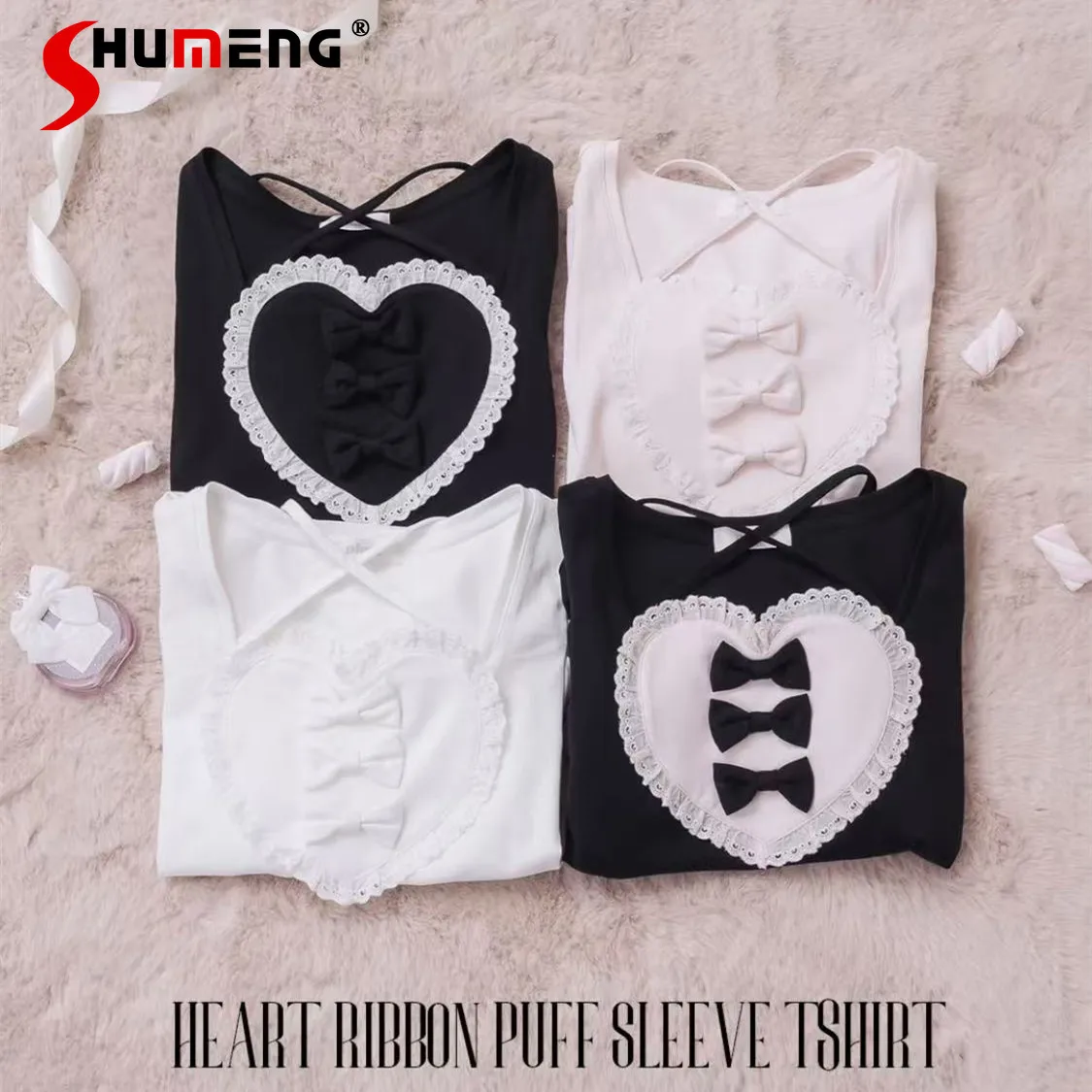 

Japanese Sweet Cute Embroidered Lace Heart Bow Lace-up Halter Neck Collar Puff Sleeve Versatile Casual T-shirt Top Women Summer