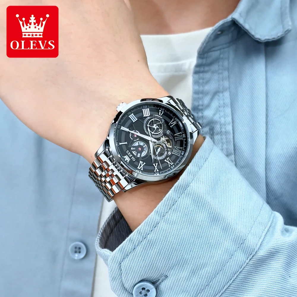 OLEVS Trend Fashion Men Watches Fine Steel Hollow Out Self-winding Flywheel Automatic Mechanical Wristwatch Waterproof Luminous