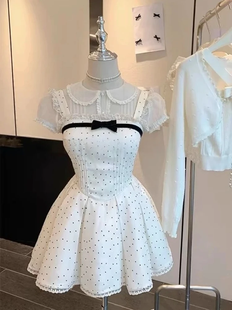 

Милый Элегантный Тонкий Женский Комплект из 2 предметов в горошек Женский Дизайн Шикарные Топы с пышными рукавами и лацканами Женский + Слинг с бантом Новый Тонкий 2023 Лето