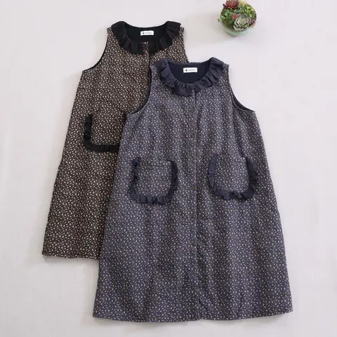 Japanese Mori Girl Vintage Floral Printed Cotton Padded Vest Dress Women Autumn Winter Ruffled Collar Sleeveless Outwear Dresses
