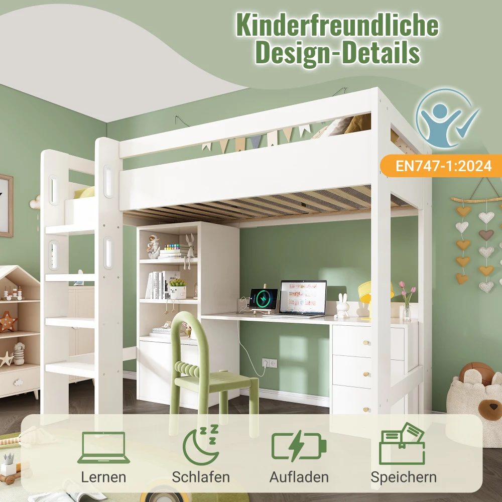 Kinderbett, Hochbett mit USB-C-Schreibtisch, Kleiderschrank, Aktenschrank, Jugend-Einzelbett mit Treppe und Gitter, ohne Matratzenraum – Detail 3