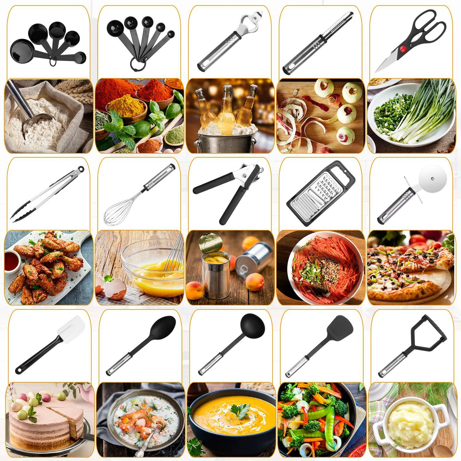 23Pcs Kitchen Utensil Set Stainless Steel Nylon Heat Resistant Cooking Utensil Tool Kit w/ Grater Scraper Tongs Whisk Can