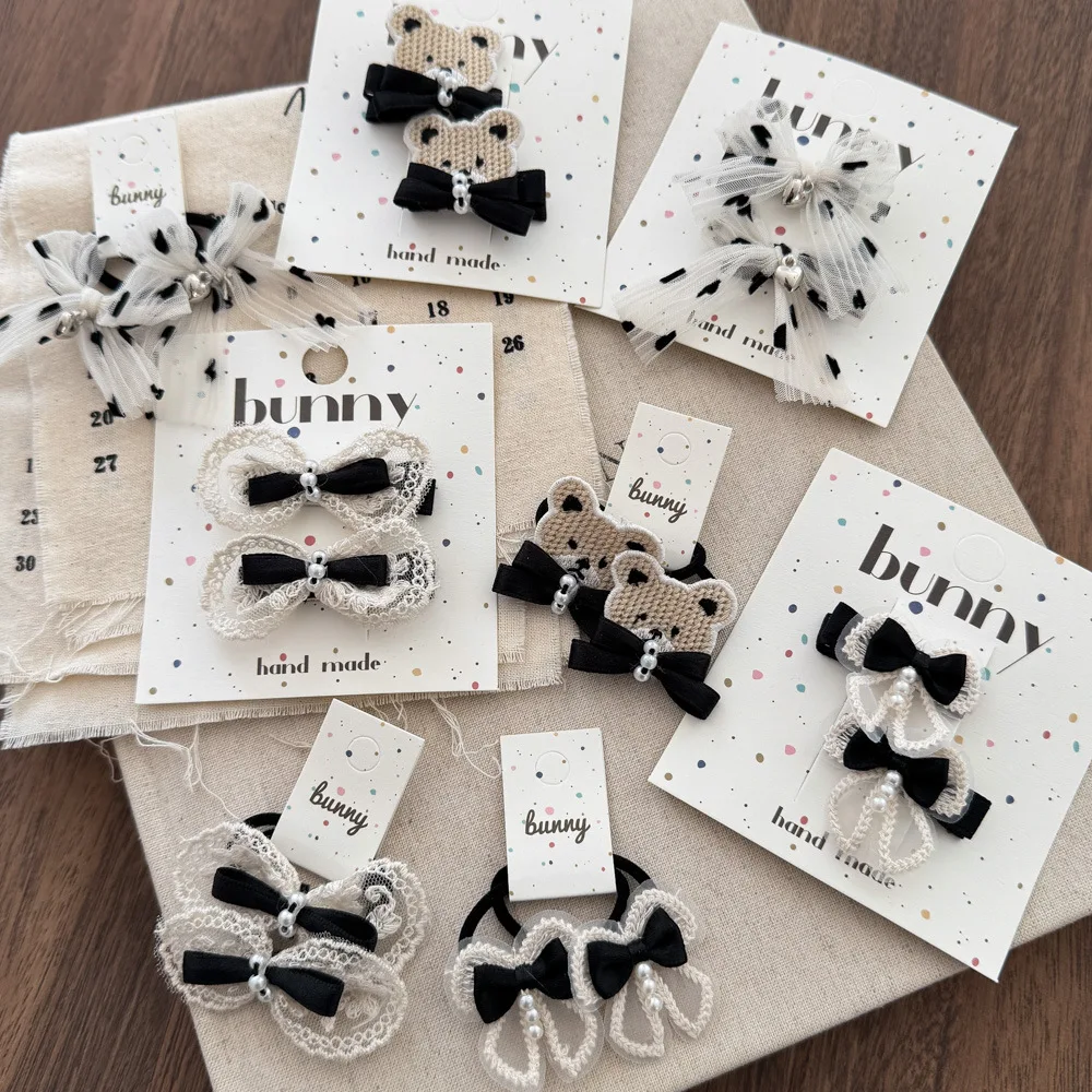 Temperament Black White Lace Hair Clip Cartoon Teddy Bear Hair Clip Sweet Versatile Bow Hair Clips Bangs Side Baby Styling Clips