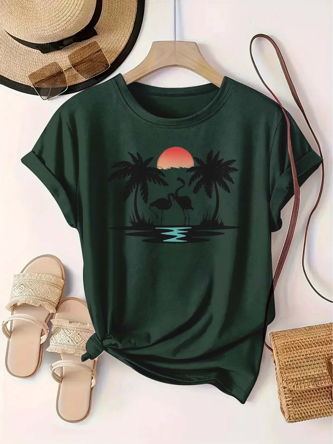 Plus Size Tropical Sunset Palm Tree Flamingo Camiseta Estampada Top Estilo de Férias Requintado