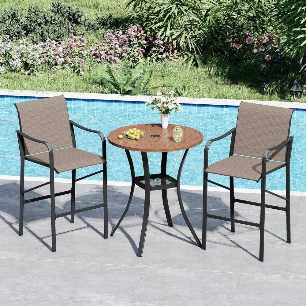 

3 Pieces Outdoor Patio Bar Set, Round Bar Height Table with Umbrella Hole and 2 Textilene Chairs for Lawn, Garden, Poolside, Wal