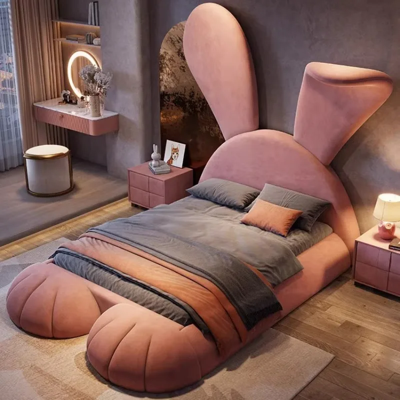 

Children's bed girl princess pink rabbit bed cartoon Internet celebrity modern simple room single fabric solid wood bed