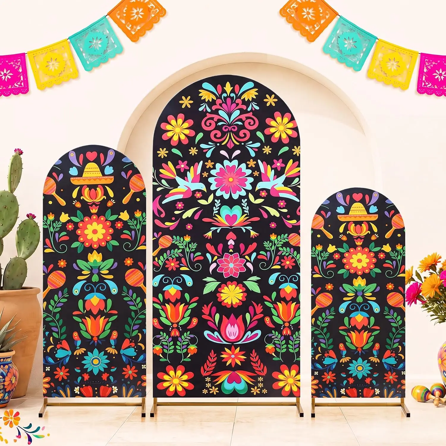 Custom 2-sided Mexico Day of the Dead Arch Backdrop Cover Colorful Flower Dia De Los Muertos Mexican Fiesta Party Background