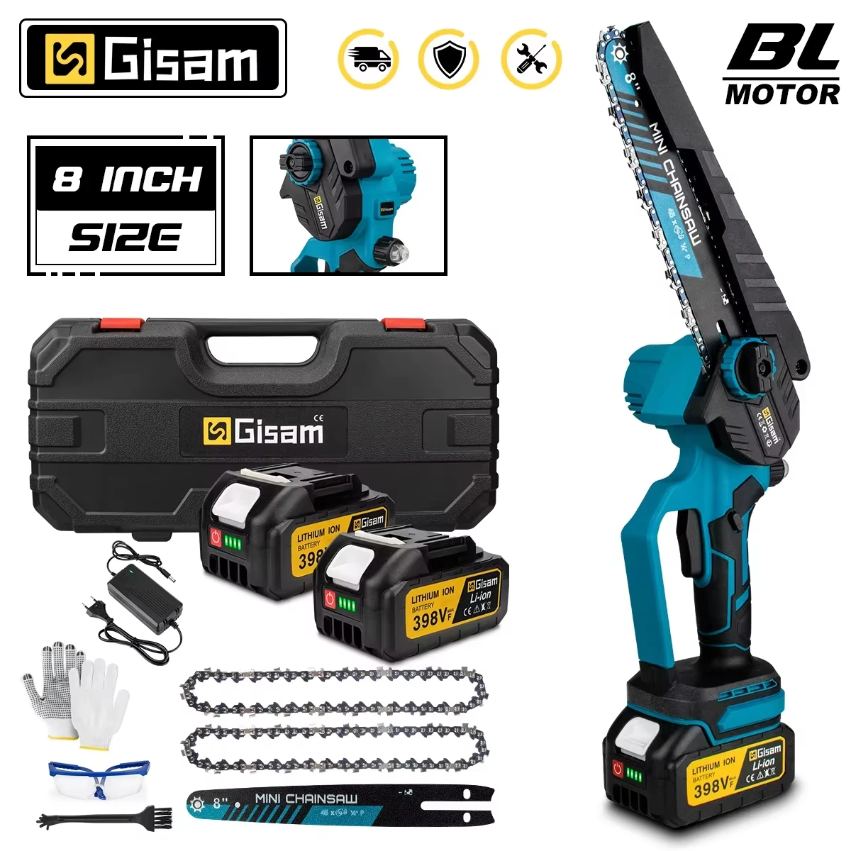 Gisam 8 Inch Brushless Electric Chainsaw Cordless Electric Saw Woodworking Garden Pruning Saw Tool For Makita 18V Battery Pins