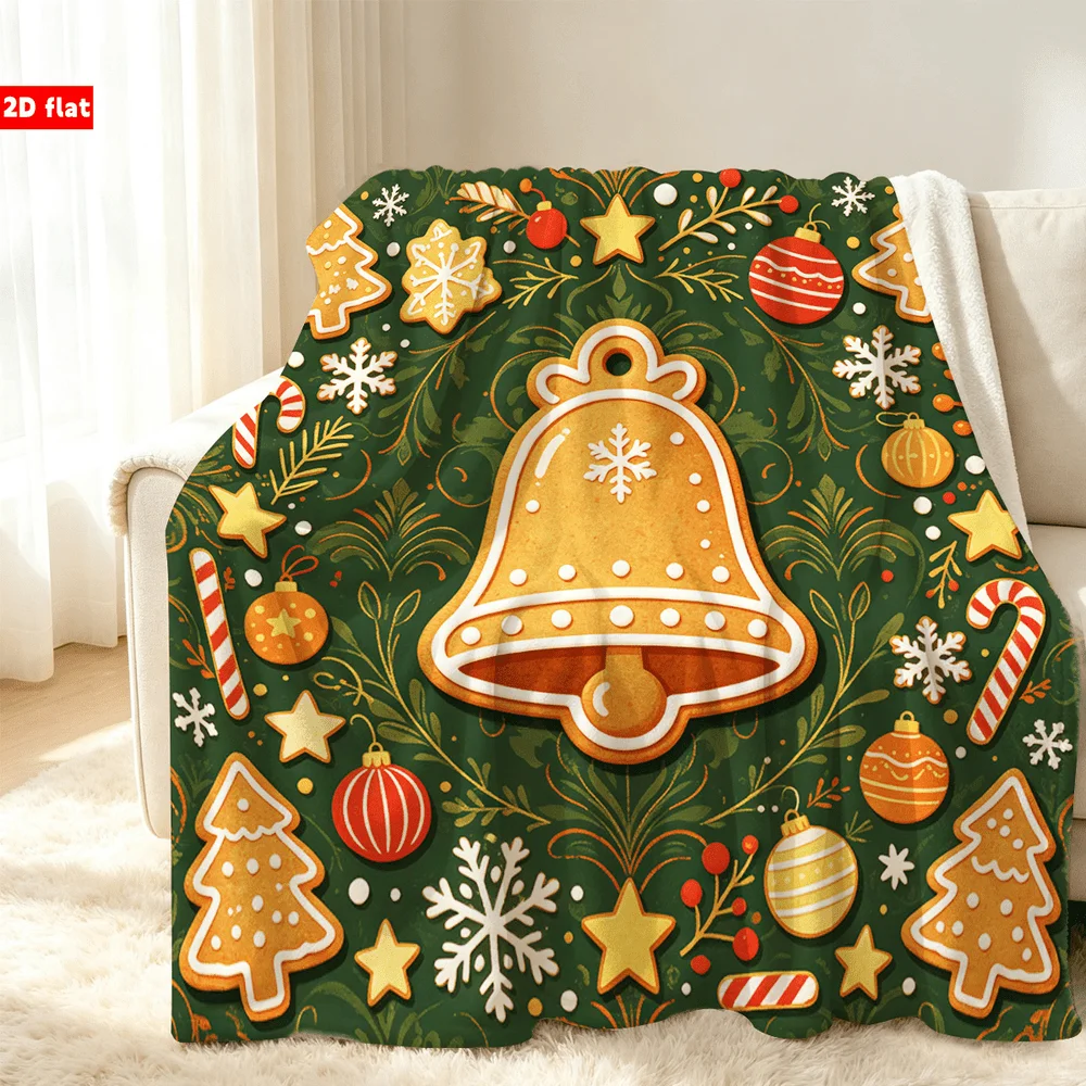 Green Christmas Blanket Flannel Throw Gingerbread Jingle Bell Candy Cane Stars Winter Warm Fuzzy Fleece Couch Cover Mat