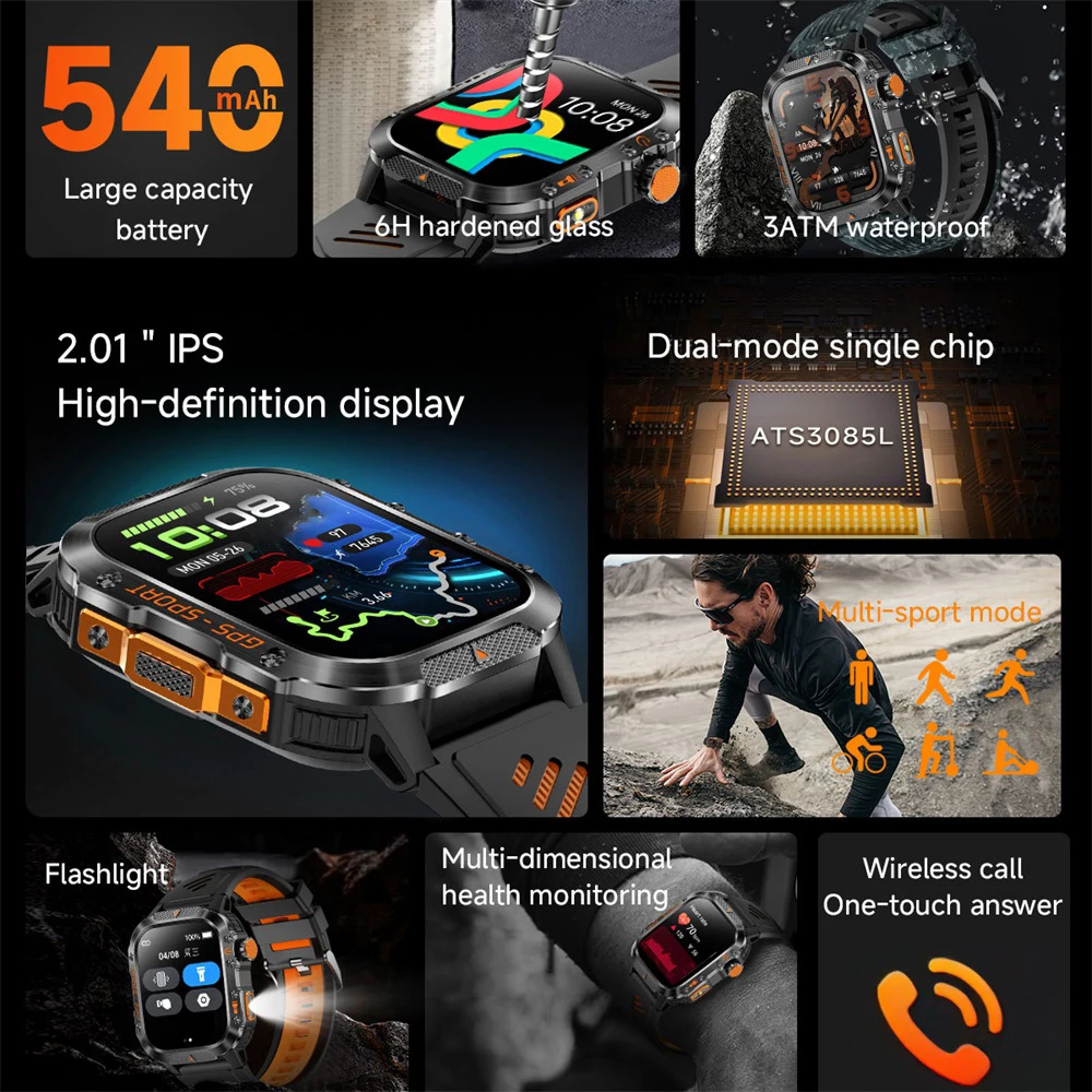 GPS Outdoor Sports Compass Blue Tooth Call Smart Watch 3ATM Waterproof Flashlight Heart Rate Health Music Smartwatch Calculator