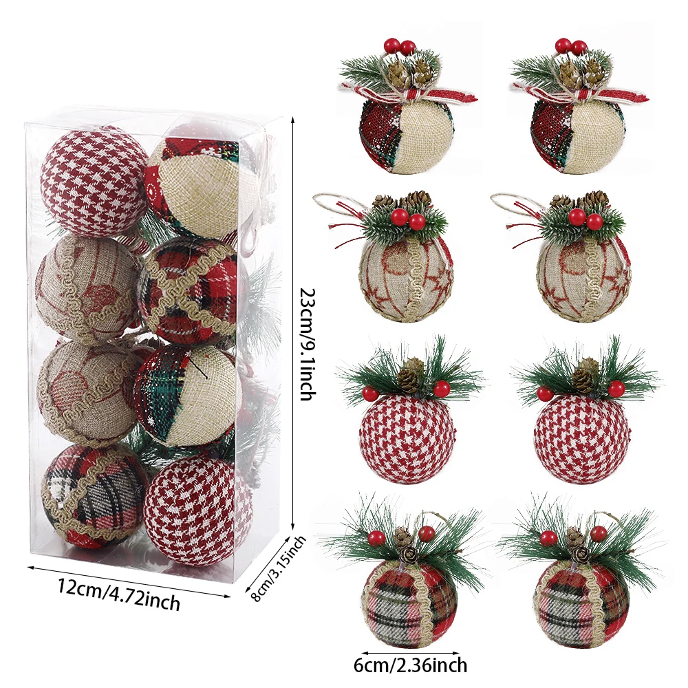 8/16pcs 6cm Christmas Ball Artificial Pinecone Red Green Plaid Wrapped Cloth Foam Ball for Xmas Tree Decoration Hanging Pendnats