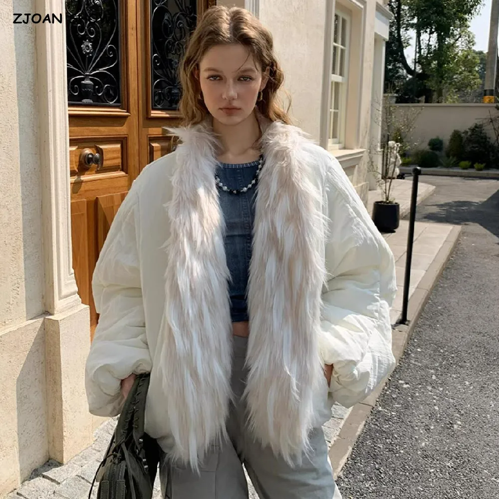 Neue Winter Frauen CHIC Beige Gespleißt Haarigen Faux Pelzmantel Frauen Lange Laterne Hülse Parka Jacke Vintage Bomber Oberbekleidung