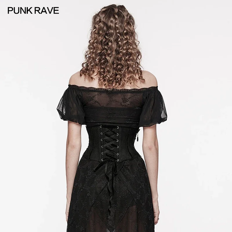 PUNK RAVE Women\'s Gothic Hollow Mesh & Lace Decals Corset Velvet Ribbon in The Back Club Accessories Wide Waist Belts for Women