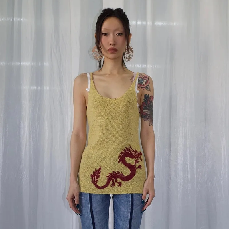 Karrcat Japanese Y2k Knit Tank Top Vintage 2000s Red Dragon Embroidery Tanktop Grunge Aesthetics Knitted Cami Top American Retro