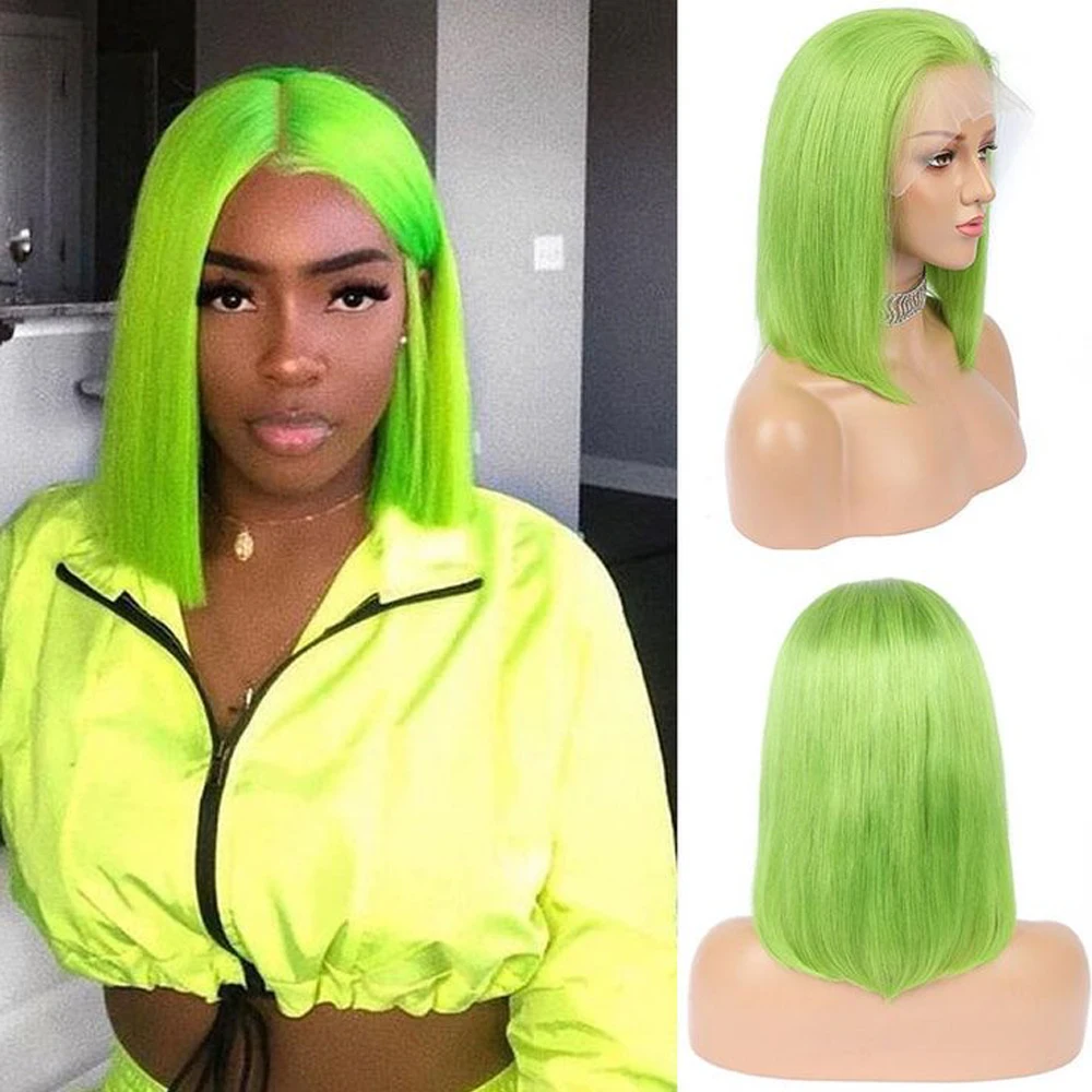 Lime Green Human Hair Wig 13×4 Lace Front Wigs Pre Plucked with Baby Hair 180% Density  Short Bob Bleached Knots Colored