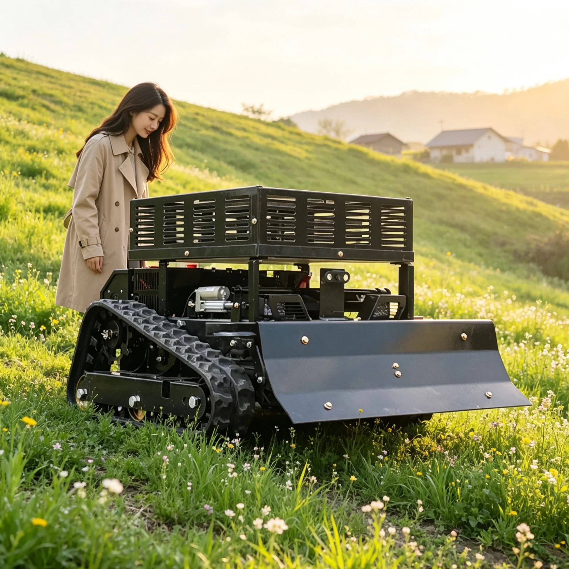 Customized Black 550 Crawler Lawn Mower Self‑propelled Remote‑control 4‑stroke Engine Mulching Brush Cutter with Cargo Rack