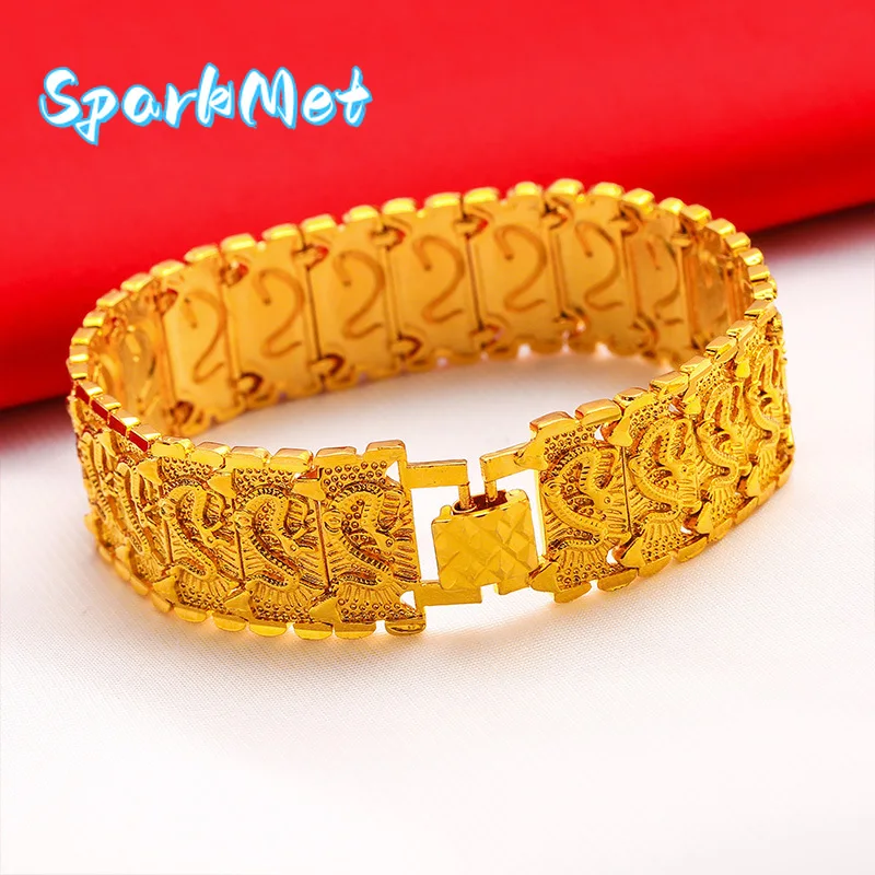 

Sparkmet Men's 24K Gold (AU999) Overbearing Long Dragon Watch Chain | Gold-inlaid dragon eyes, hammered dragon bone with adjusta