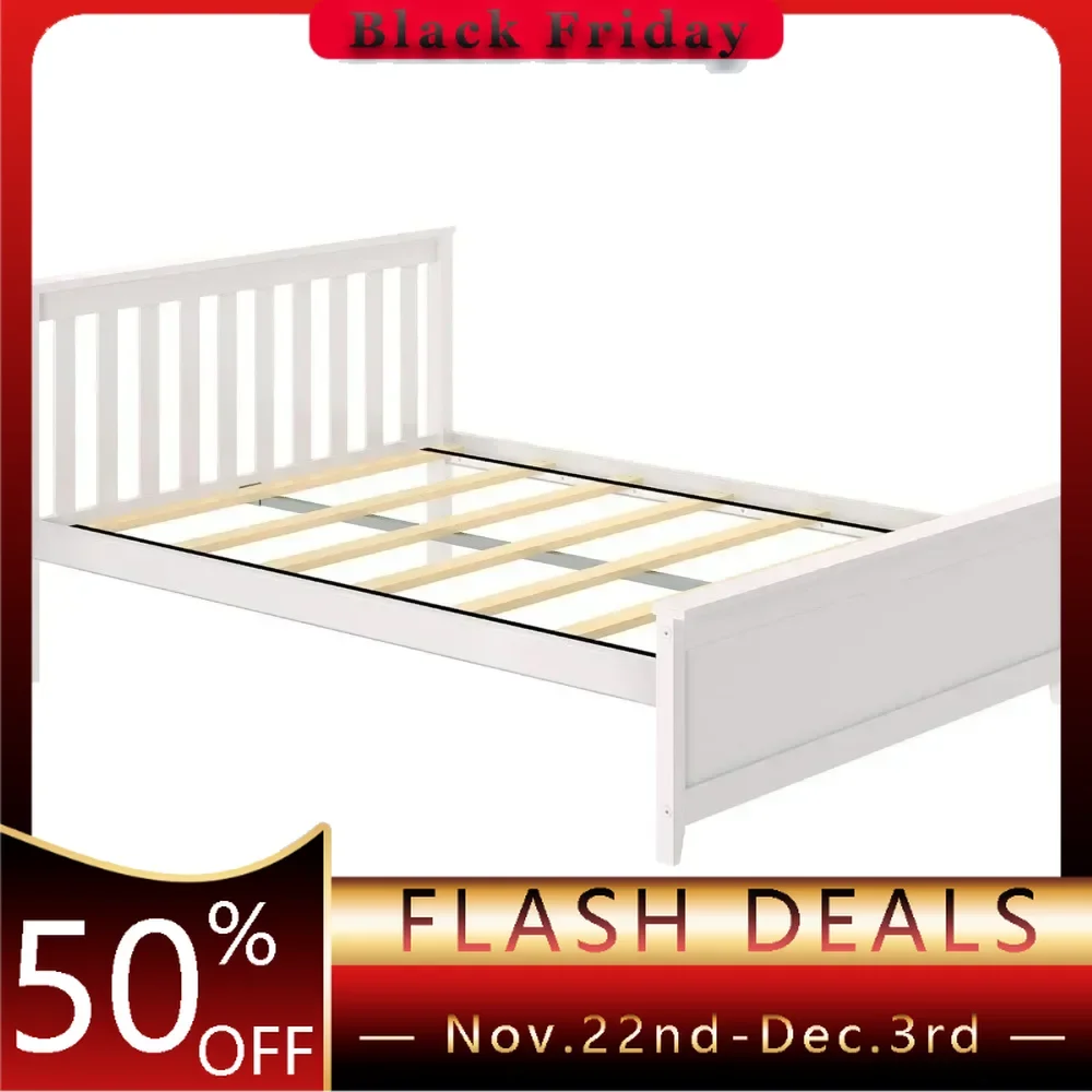 Full size bedstead with Flat noodles headboard, solid wood children's platform bed, no spring mattress, easy to assemble, white