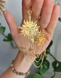 2 Pcs Exquisite High Quality Vintage Sun Bohemian Fashion Copper Gold Color Earrings Pendant Women Daily Party Holiday Gift