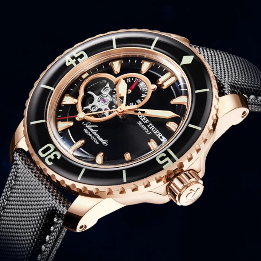 

Reef Tige Мужские автоматические часы 44 мм Роскошные механические наручные часы с сапфировым безелем Светящийся 20ATM Водонепроницаемый скелетонизированный циферблат