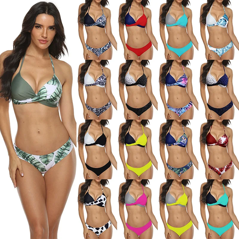 

Women'S Summer Bikini Set Sexy Leaf/Solid Color/Polka Dot/Colorful Leopard Print Bandage Pad Bra Swimsuit Beach Swimsuit